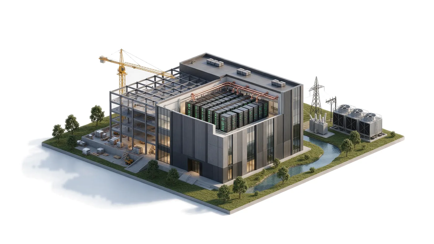 An AI data center half under construction with a crane and delivery crates, and half finished with rows of GPU racks