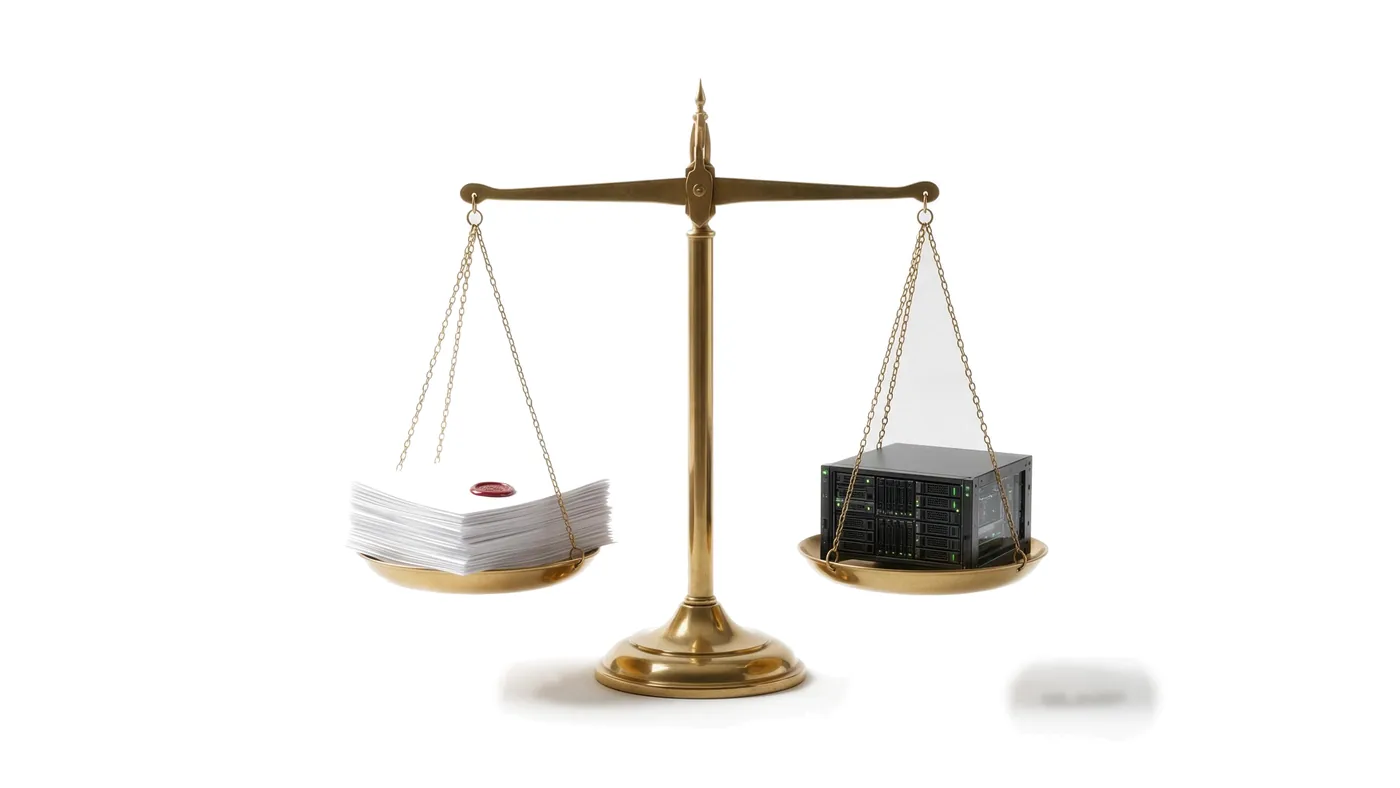A balance scale weighing blank contracts against a GPU server rack