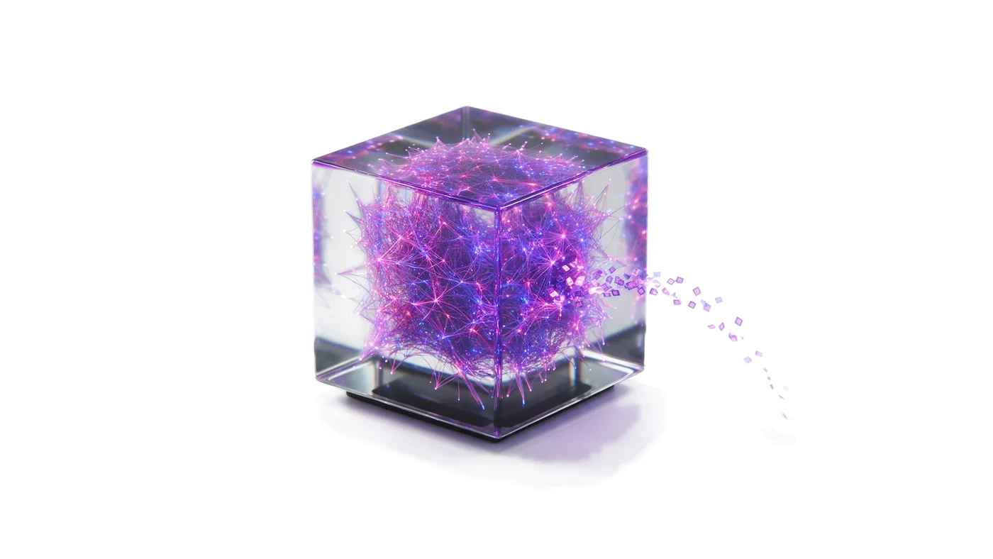Glass cube holding a glowing neural network, releasing a ribbon of tokens